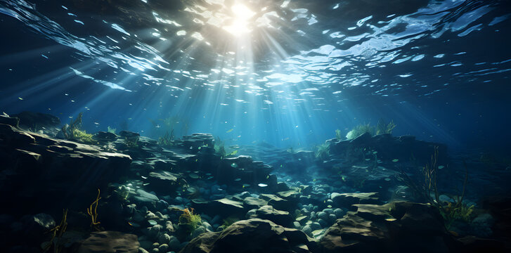 an ray of light coming out of water in the underwater, in the style of realistic scenery, azure, high detailed, detailed background elements, albrecht anker, photo-realistic landscapes, detailed backg
