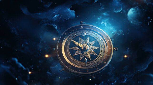 Compass pointing to goals against illuminated beautiful space