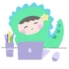 Baby child dinosaur with laptop