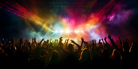 A crowd of people in a music event, dancing in neon color lights - obrazy, fototapety, plakaty