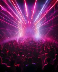 A crowd of people in a music event, dancing in neon pink color lights