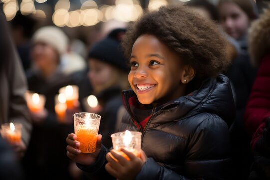Young happy beautiful kid holding a candle for celebrate in Christmas ceremony 