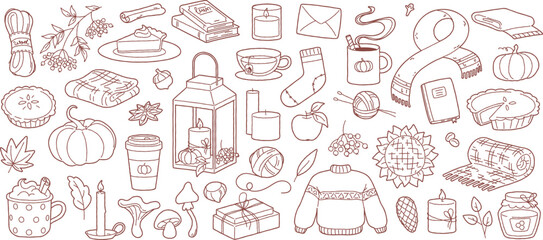 Hand drawn autumn doodles, warm sweater and blanket, lantern with candle, hot cocoa and tea. Cute fall season linear stickers, leaves, acorns and mushrooms, honey, cozy decor sketch element vector set
