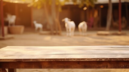 the empty table top with blur background of dairy goat farm, Advertisement, Print media, Illustration, Banner, for website, copy space, for word, template, presentation