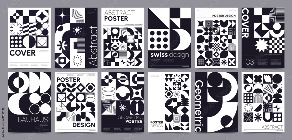 Aufkleber Modern bauhaus style posters with geometric shapes and forms. Brutalism poster with basic figures, lines and abstract graphic elements, retro swiss style monochrome print vector set