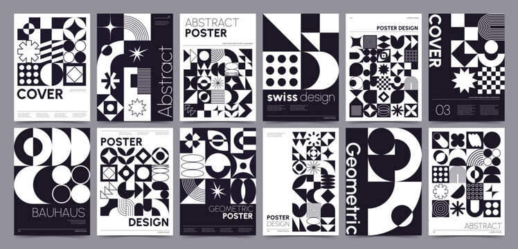 Modern bauhaus style posters with geometric shapes and forms. Brutalism poster with basic figures, lines and abstract graphic elements, retro swiss style monochrome print vector set