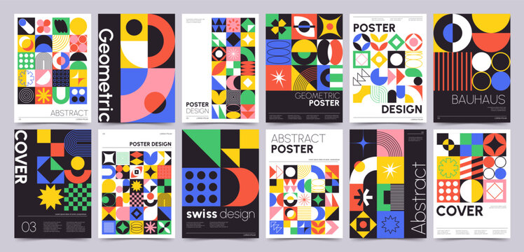 Retro bauhaus posters with geometric shapes and forms, modern swiss style print. Minimalist poster with abstract graphic elements and basic figures, modernism aesthetic cover design vector set