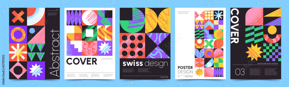 Poster bauhaus posters with textured geometric patterns and abstract forms, retro cover design. trendy mini