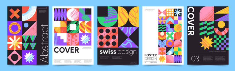 Bauhaus posters with textured geometric patterns and abstract forms, retro cover design. Trendy minimalist poster with simple figures, circles and stars, modern swiss aesthetic print vector set