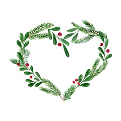 Fototapeta premium Hand drawn watercolor christmas heart wreath