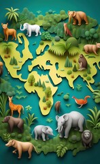 Animals world map for kids wallpaper design. A drawn map of the world in Russian. Design for a children's room. Jungle photo wallpaper. Children's wall, Generative AI 