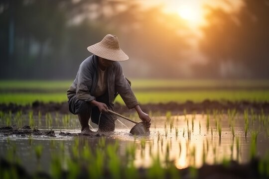 Agricultor asiático trabajando la tierra y el arrozal.