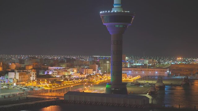 4k, Aerial view panorama night city and port Lighthouse, Yanbu, Saudi Arabia