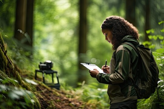 Young African American female forester walks around her territory and checking the safety of the trees. She holding a clipboard in her hands and writes down all the changes. Caring for and preserving