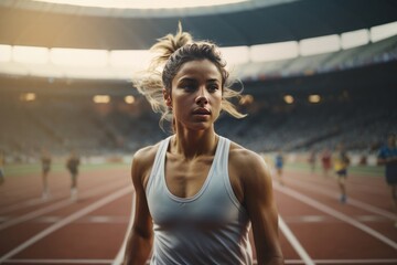 Portrait of serious girl american young confident female athlete at outdoor stadium looking at camera - obrazy, fototapety, plakaty