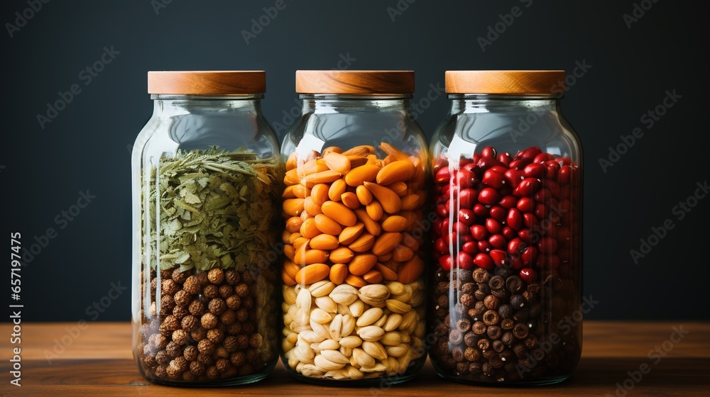 Poster a group of jars filled with different types of beans and spices. generative ai