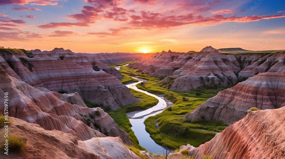 Poster the sun is setting over a valley with a river running through it. generative ai