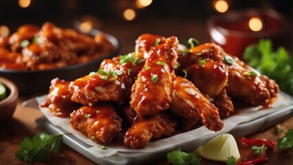 Close up view of delicious hot chicken wings with sauce