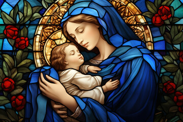 Culture and religion concept. Holy Mary holding baby Jesus Christ. Colorful stained glass window illustration in minimalist style. Generative AI - obrazy, fototapety, plakaty