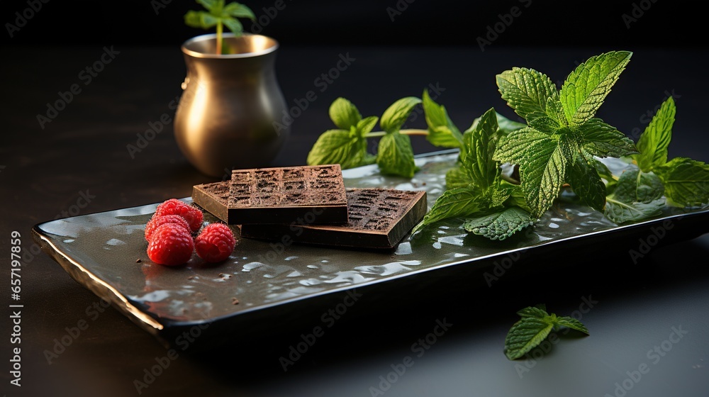Poster a plate with some chocolates and raspberries on it. generative ai