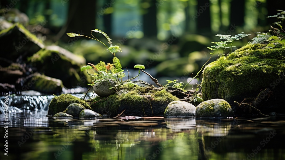 Poster a stream running through a lush green forest filled with rocks. generative ai