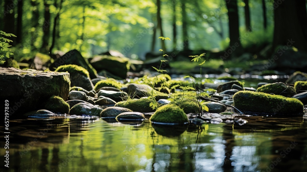 Poster a stream running through a lush green forest filled with rocks. generative ai
