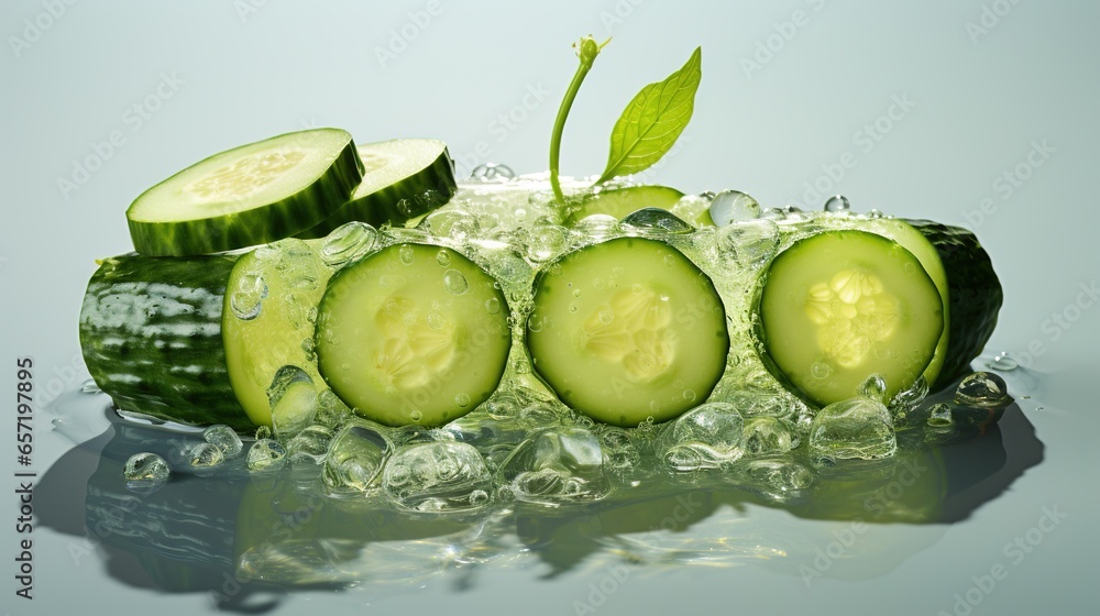 Poster a cucumber with slices of cucumber in water. generative ai