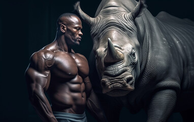 A muscular man and a rhino - obrazy, fototapety, plakaty