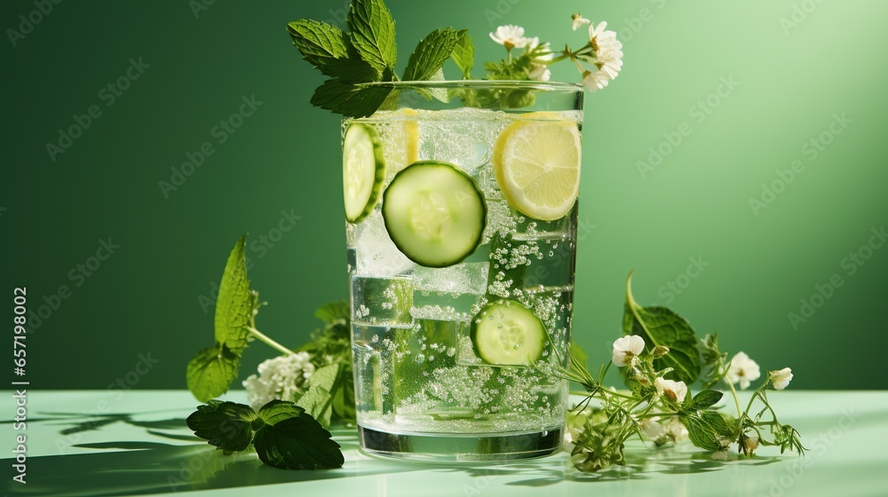 Poster a glass of water with cucumber slices and mint. generative ai