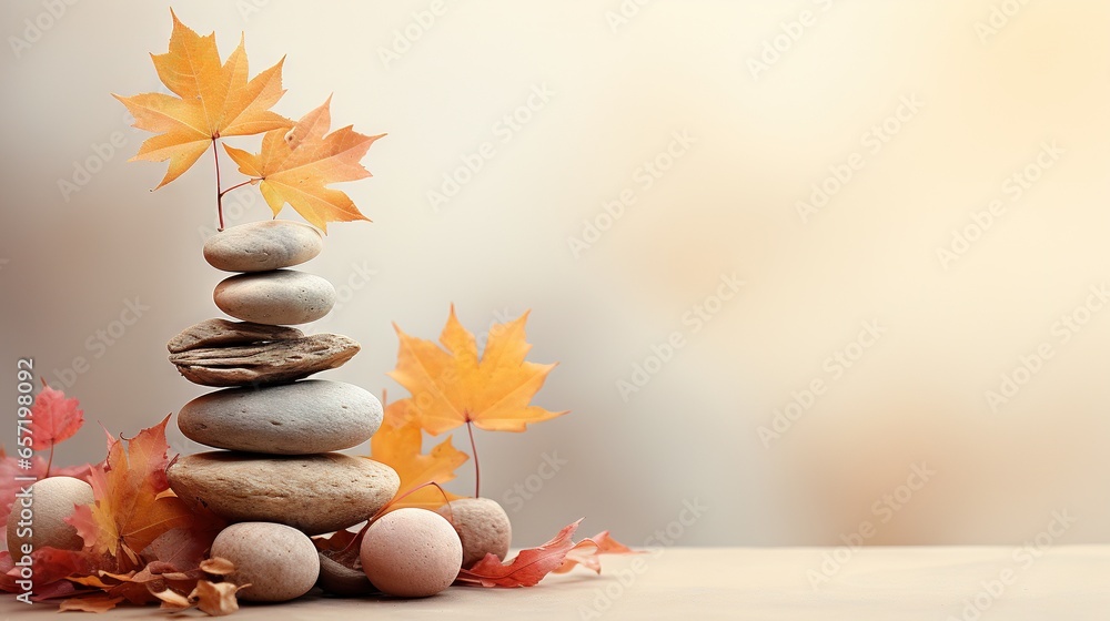 Poster a stack of rocks with leaves on top of it and a blurry background. generative ai