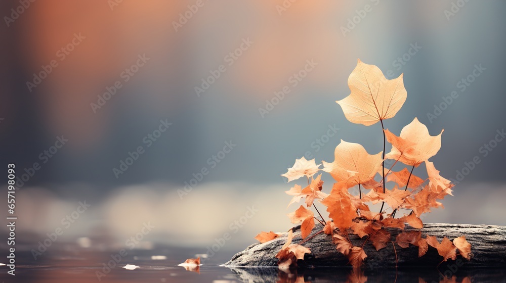 Aufkleber a leaf is on a log in the water with a blurry background. generative ai
