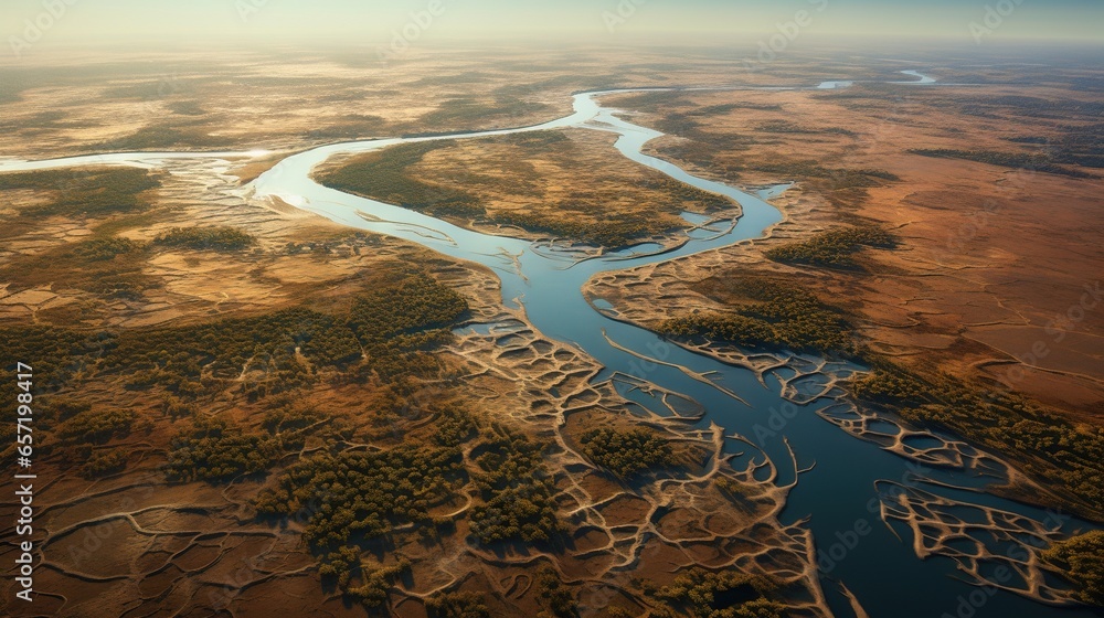 Poster an aerial view of a river running through a dry landscape. generative ai