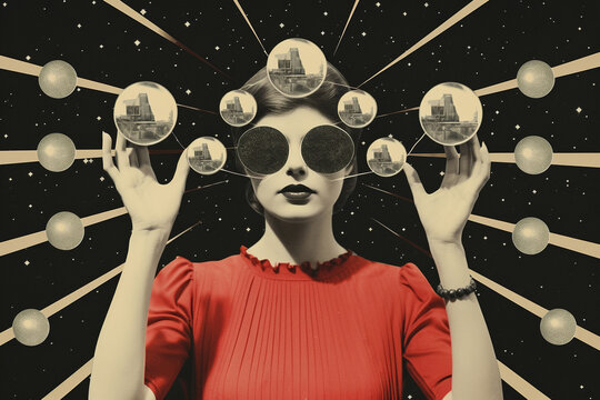 Fine art, pop art concept. Minimalist and surreal retro art collage with woman portrait. Grunge effect style. Geometric shapes and tiny ornate details in background. Generative AI