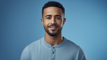 Fototapeta premium portrait of a man smiling on blue backdrop 
