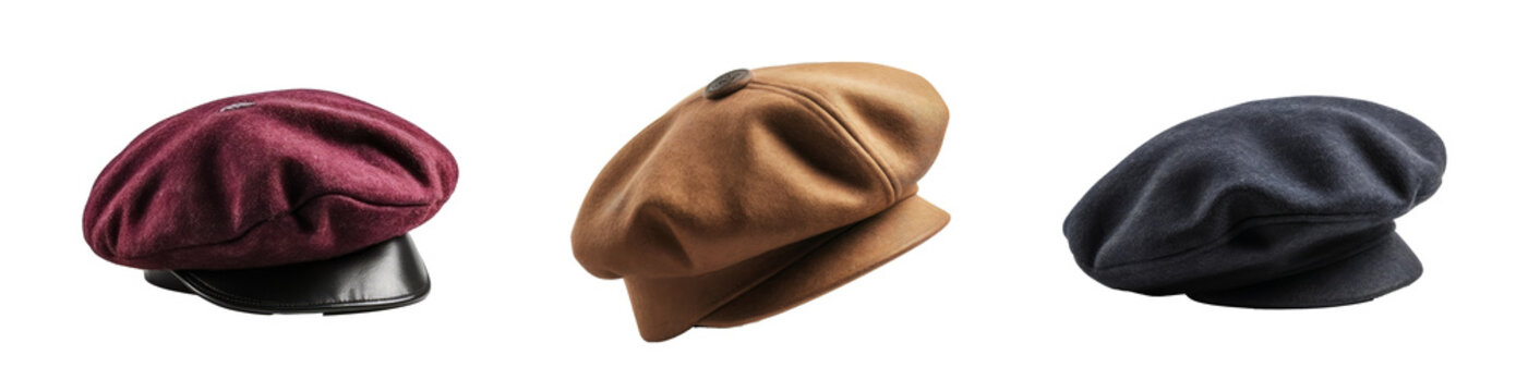 Set of 3 color beret hat isolated on transparent background.