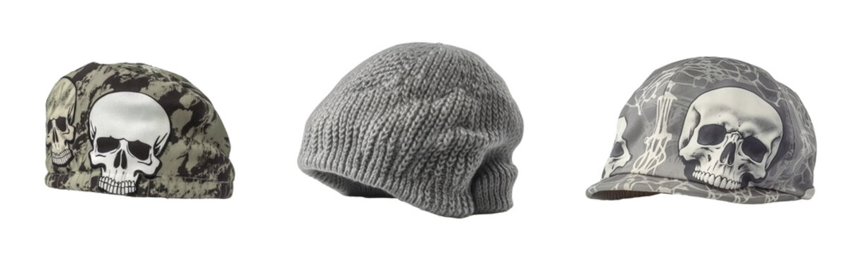Set of 3 skully cap isolated on transparent background.