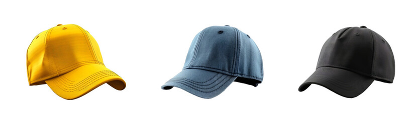 Set of blank baseball cap with 3 colors isolated on a transparent background. Concept of sports.