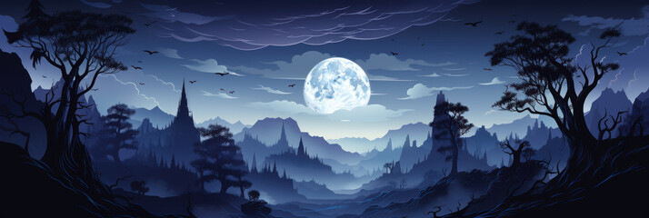 Mystical mysterious fog in the forest and mountains at sunset, illustration, banner