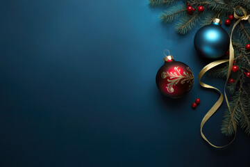 Red and Dark blue Christmas decoration balls on dark background. Merry christmas and happy new year greeting card with copy space for text. - 657200647