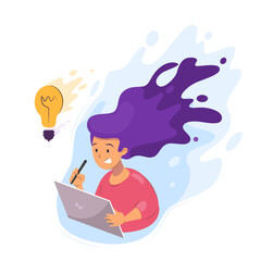 Girl generates ideas, designer, illustrator, artist, vector graphics for design