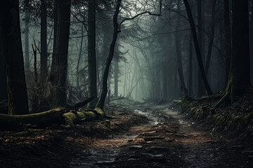 Fototapeta premium Mystical mysterious fog in the forest at sunset