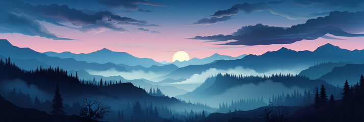 Mystical mysterious fog over the forest tops overlooking the mountains at sunset, banner, illustration