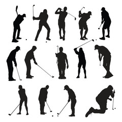 A silhouette set of golfer sports people playing golf in various poses.
