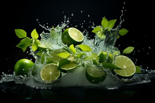 Splashes of lime, mint, and water on a dark backdrop. Generative AI