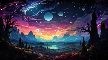 Vector Style Fantasy Land with Neon Colors