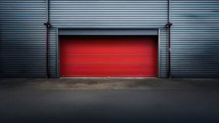 Closed gray red roller shutters, closed storage area or garage, warehouse space - obrazy, fototapety, plakaty