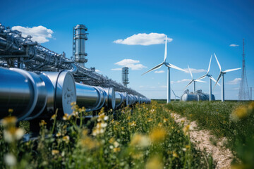 Industrial landscape with pipeline systems, hydrogen alternative energy, pipes pumping hydrogen or gas, wind turbines on the background