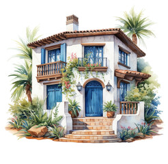 Fototapeta na wymiar Watercolor illustration of a tropical house. Generative AI, png