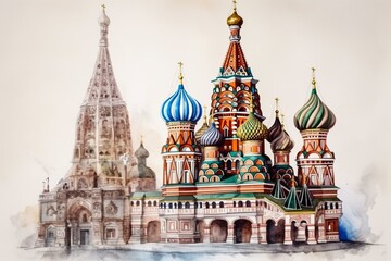 Fototapeta na wymiar Watercolor depiction of Moscow landmarks. Generative AI