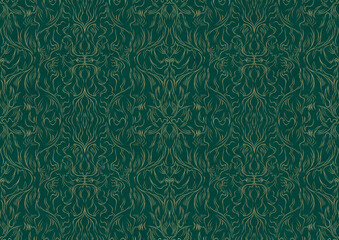 Hand-drawn unique abstract symmetrical seamless gold ornament on a dark cold green background. Paper texture. Digital artwork, A4. (pattern: p11-1b)